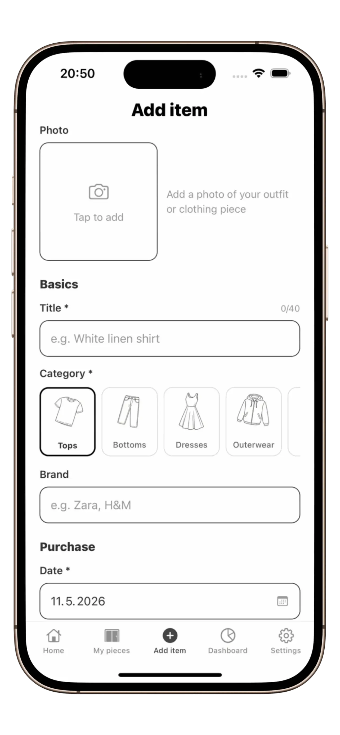 Add item form with photo, category and purchase details